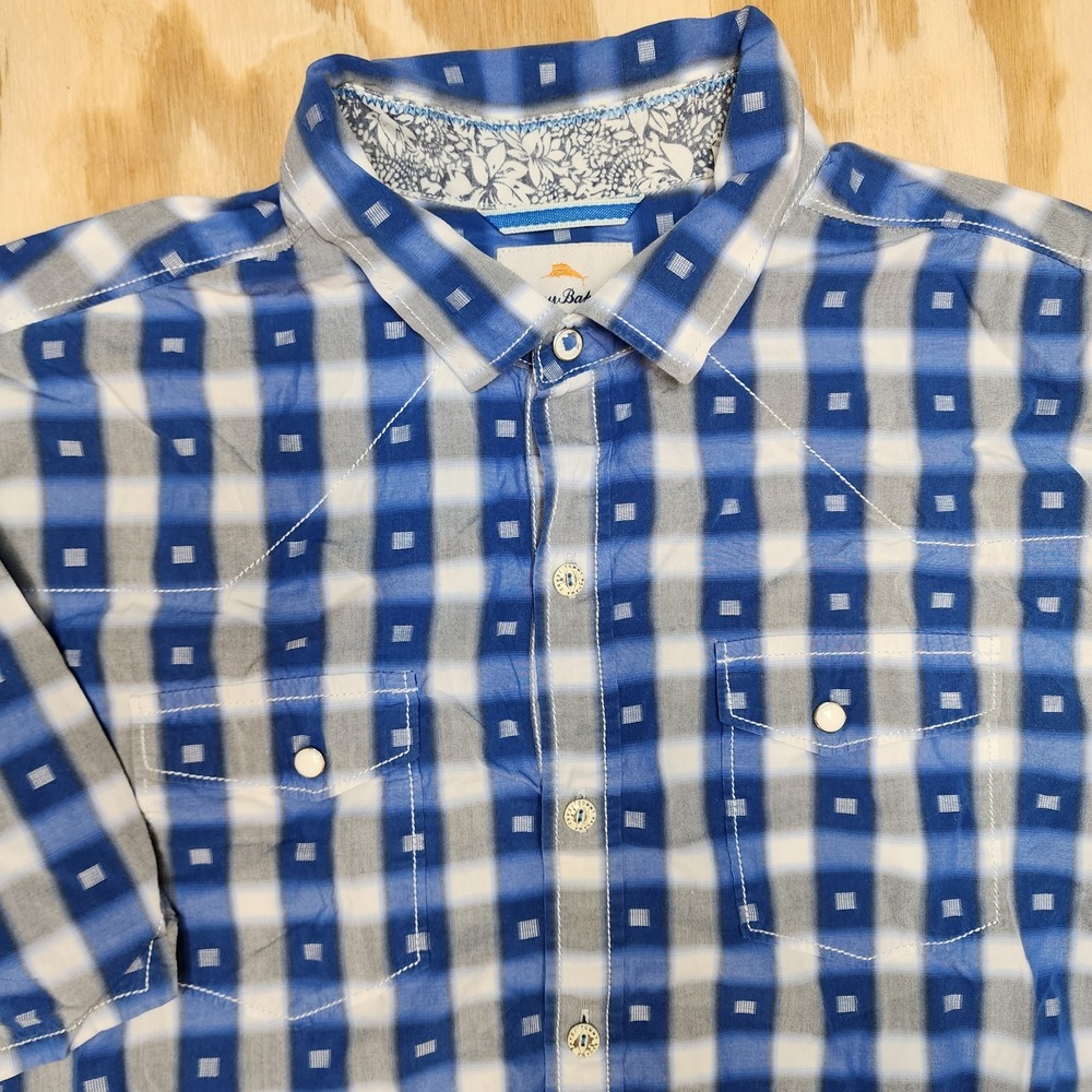 Tommy Bahama Jeans Mens L Blue Short Sleeve Button Up Square Pattern Snap Pocket